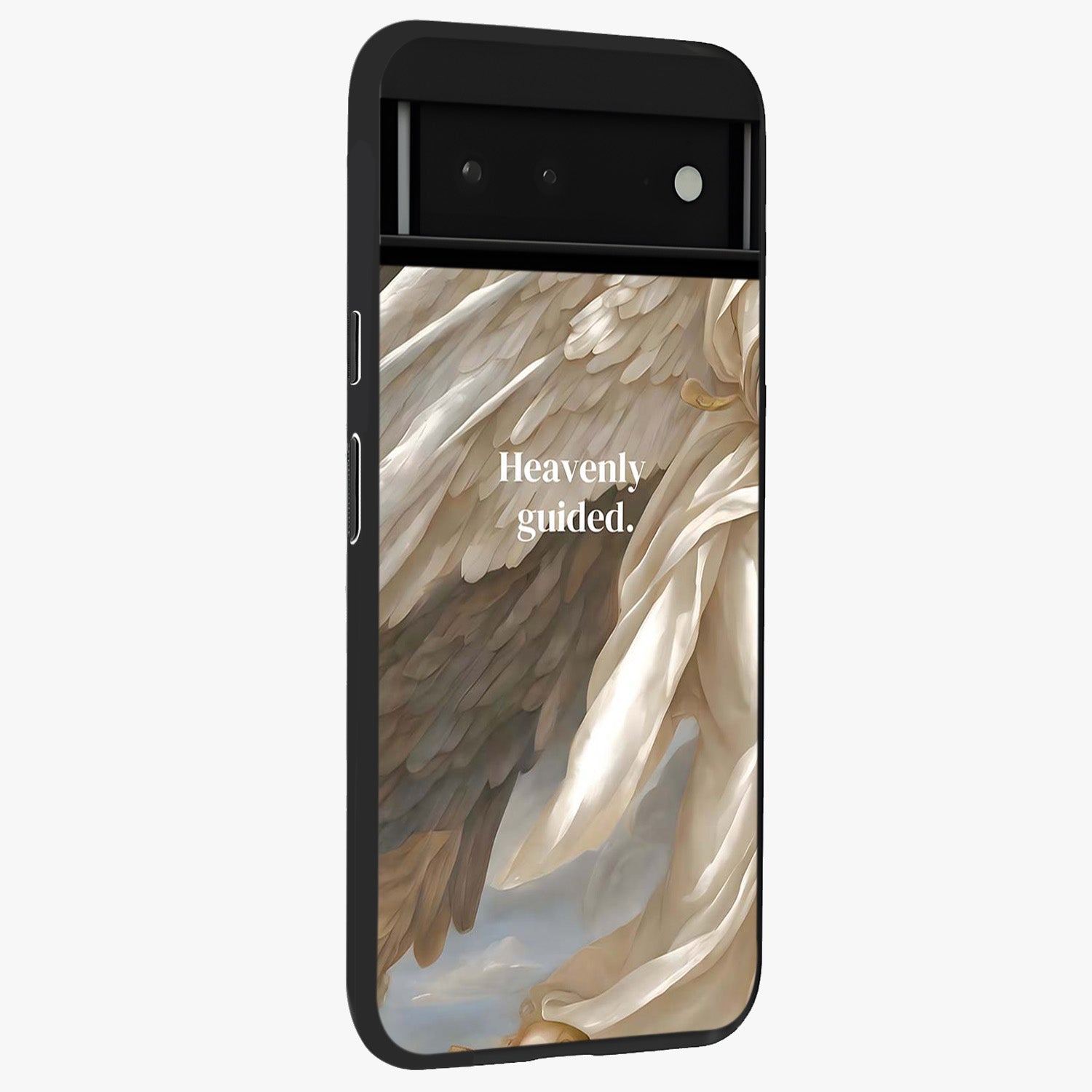 Divine Winged Grace Glass Case upright view showcasing spiritual wing artwork with soft celestial theme.
