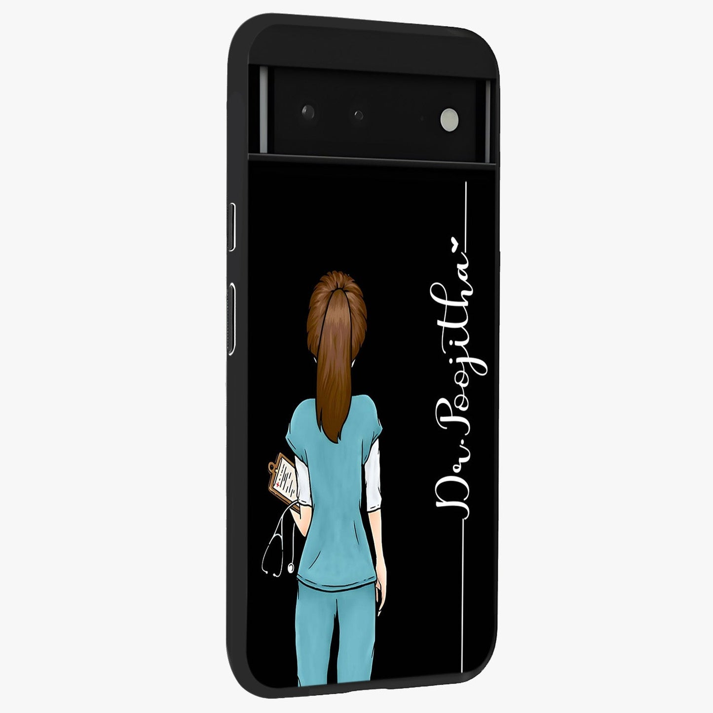 Doctor Pattern Custom Name Glass Case upright view showcasing healthcare themed design with personalized aesthetic.