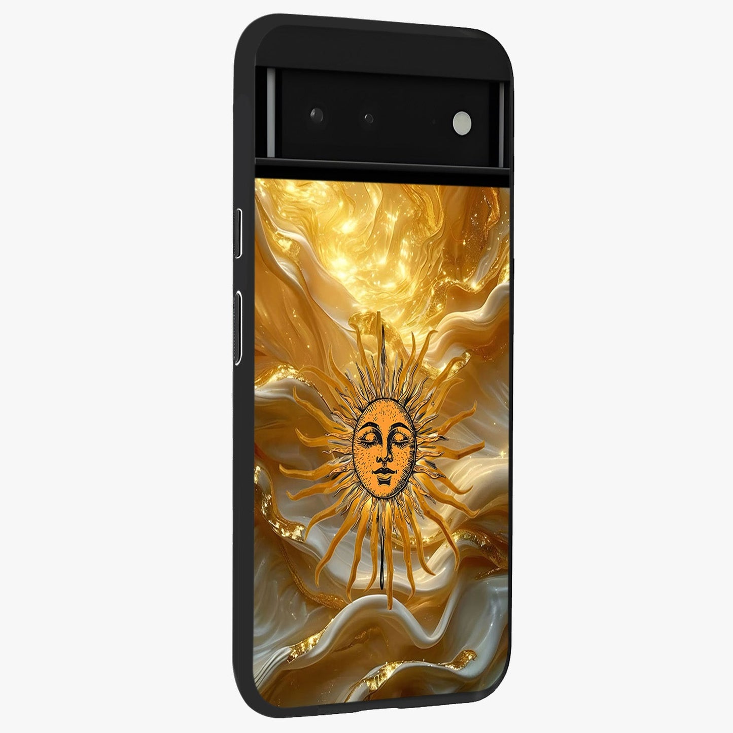 Eternal Golden Glow Glass Case upright view showcasing luminous golden artwork with luxurious visual theme.