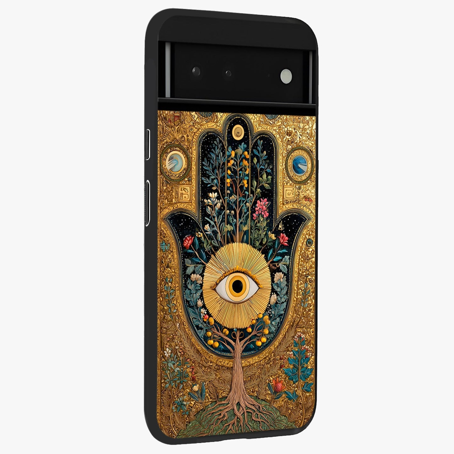 Ethereal Evil Eye Glass Case upright view showcasing celestial evil eye artwork with mystical theme.