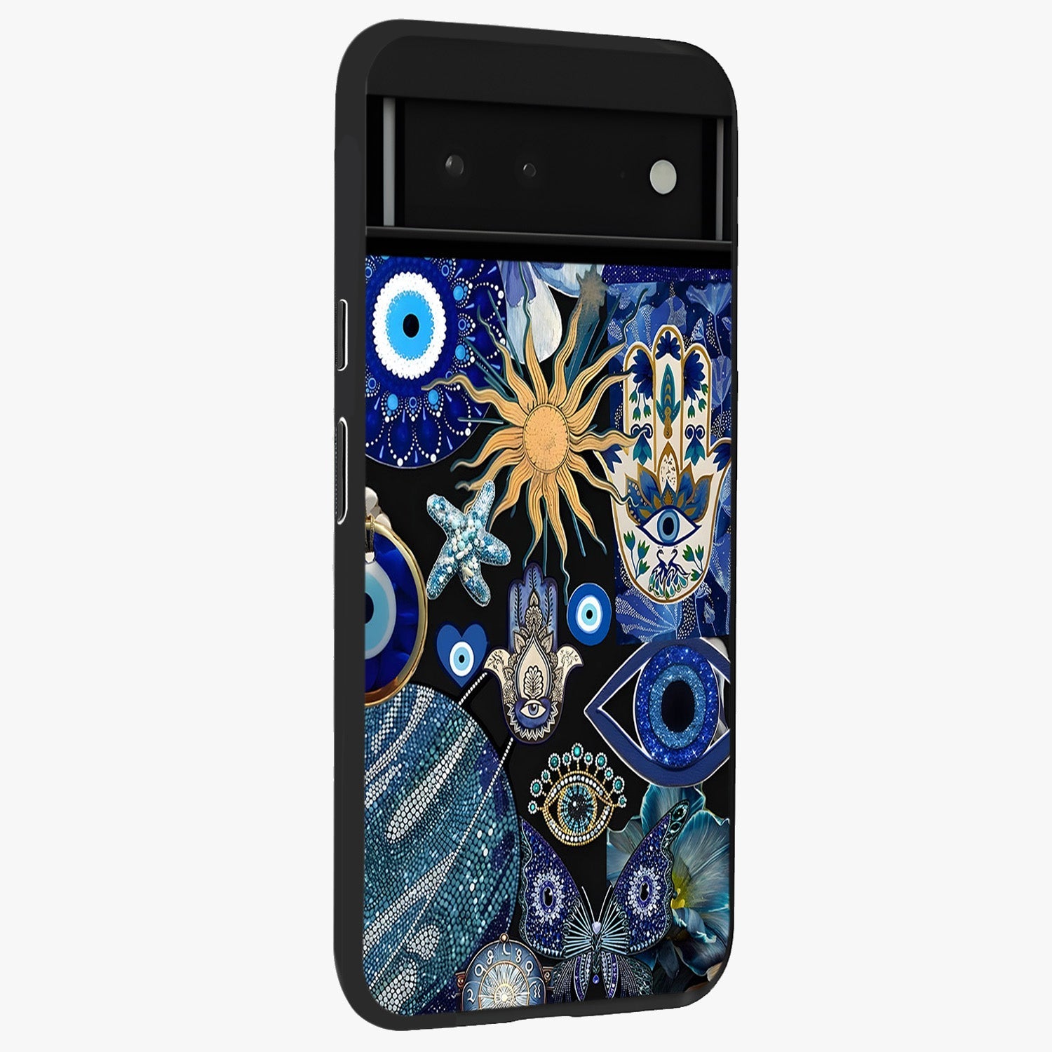 Evil Eye Charm Mix Glass Case upright view showcasing mystical evil eye pattern with vibrant decorative style.