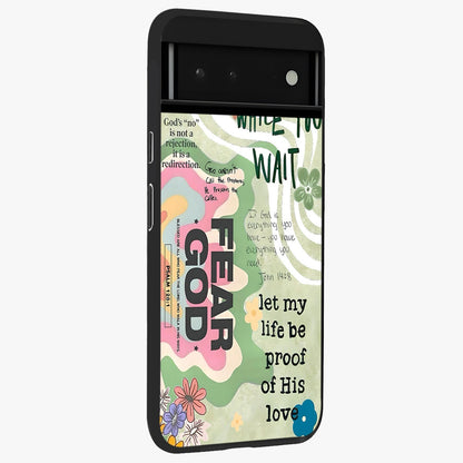 Faith Over Fear Glass Case upright view showcasing bold typography artwork with uplifting motivational theme.