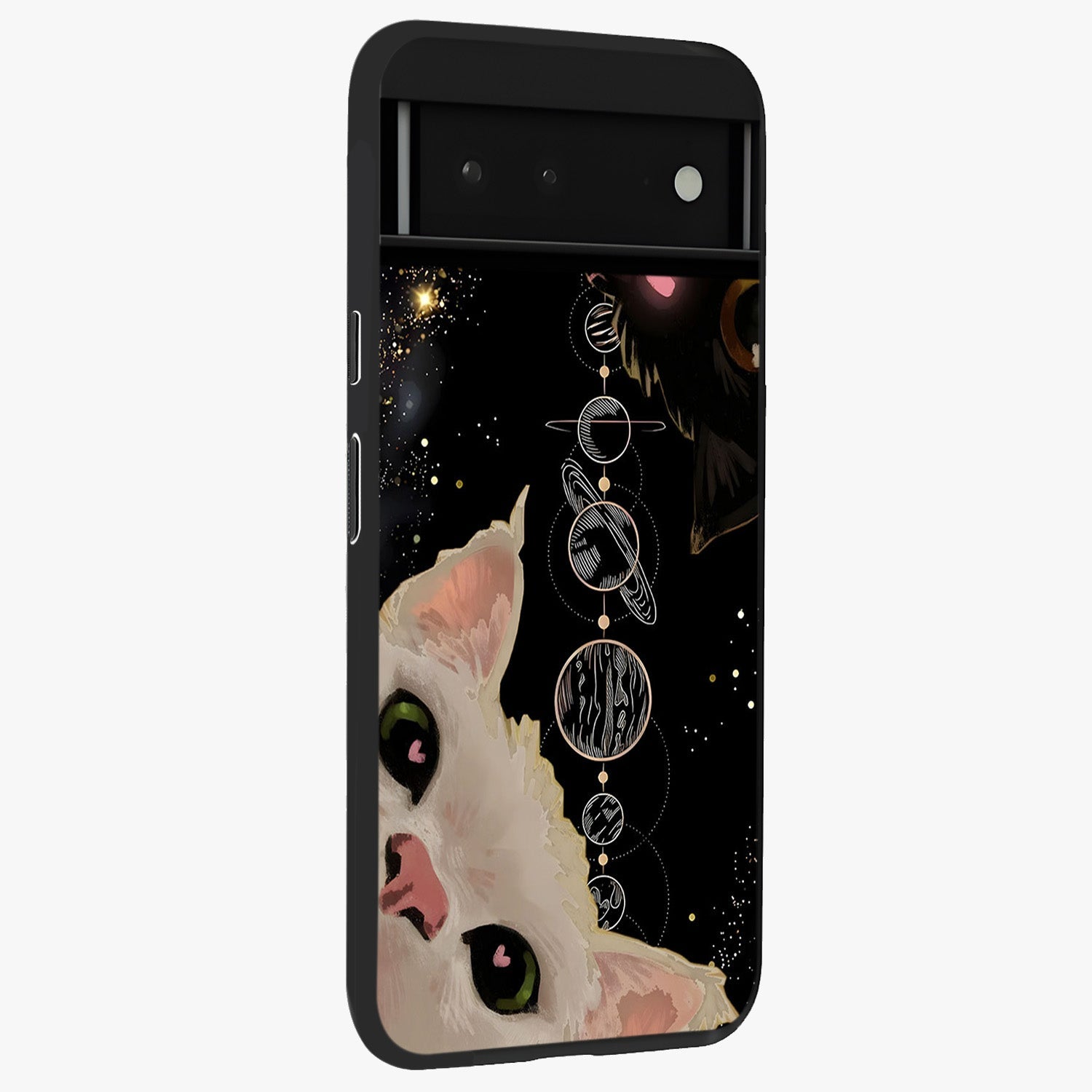 Galactic Cat Glass Case upright view showcasing mystical cat artwork with dreamy cosmic theme.