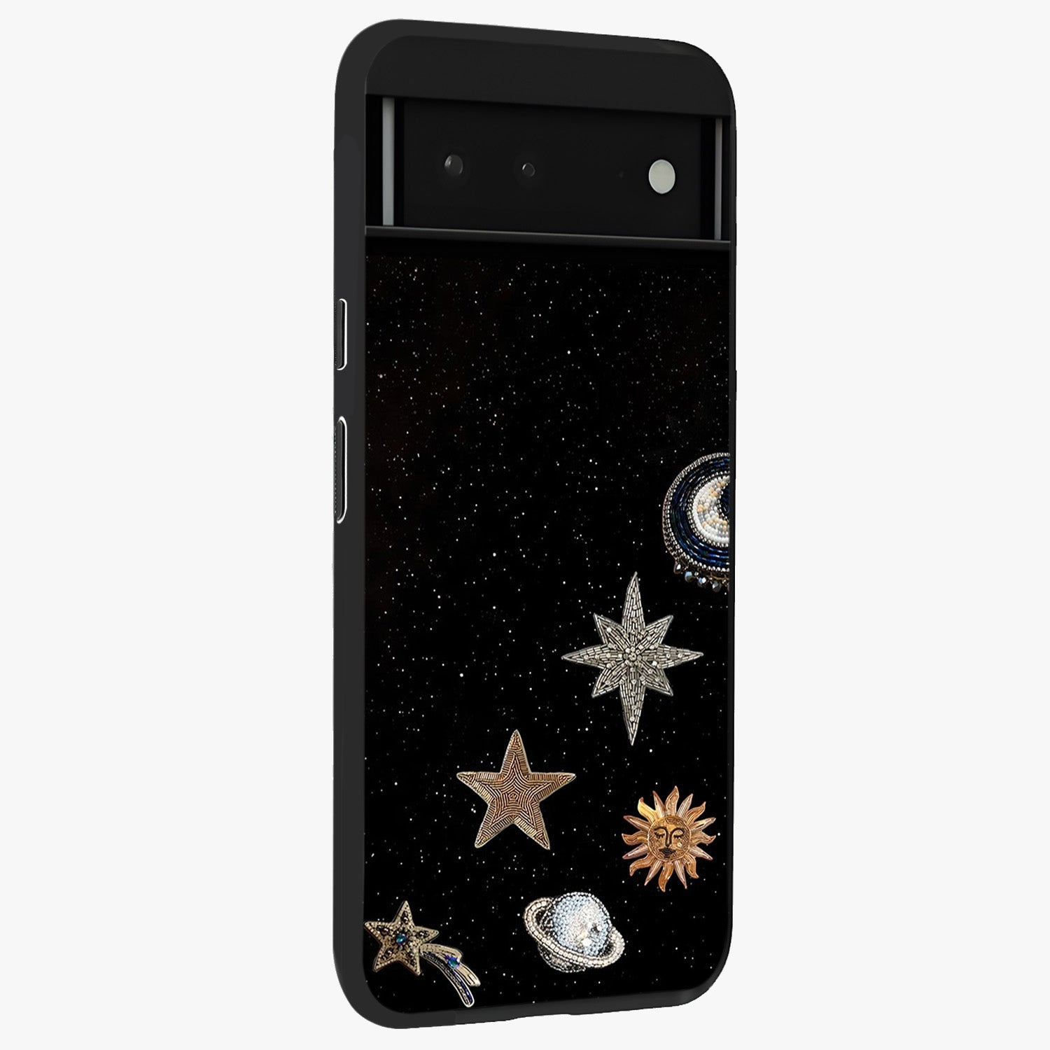 Galactic Charm Glow Glass Case upright view showcasing glowing cosmic charm artwork with magical celestial style.