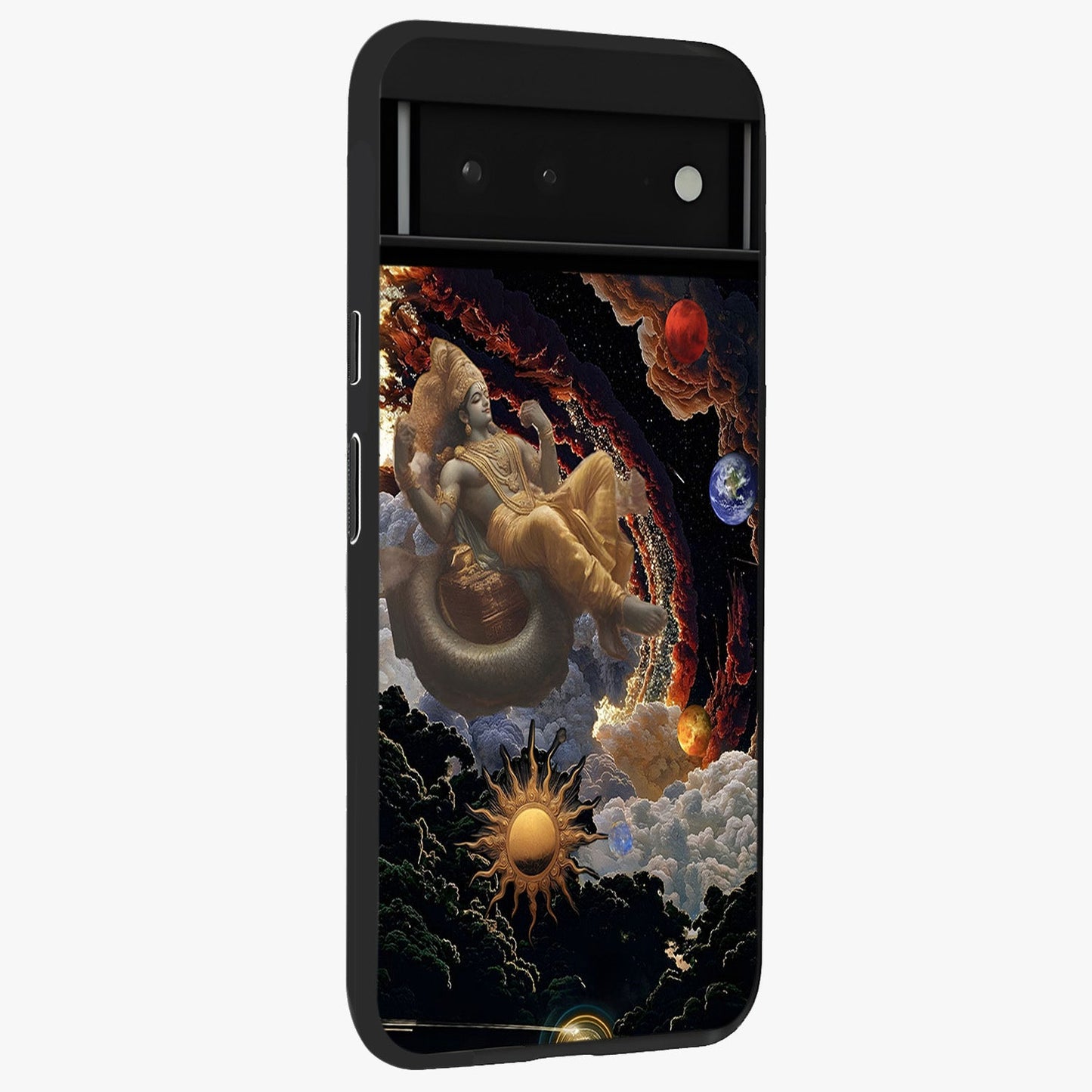 Galactic Divine God Glass Case upright view showcasing mystical divine artwork with dramatic cosmic theme.