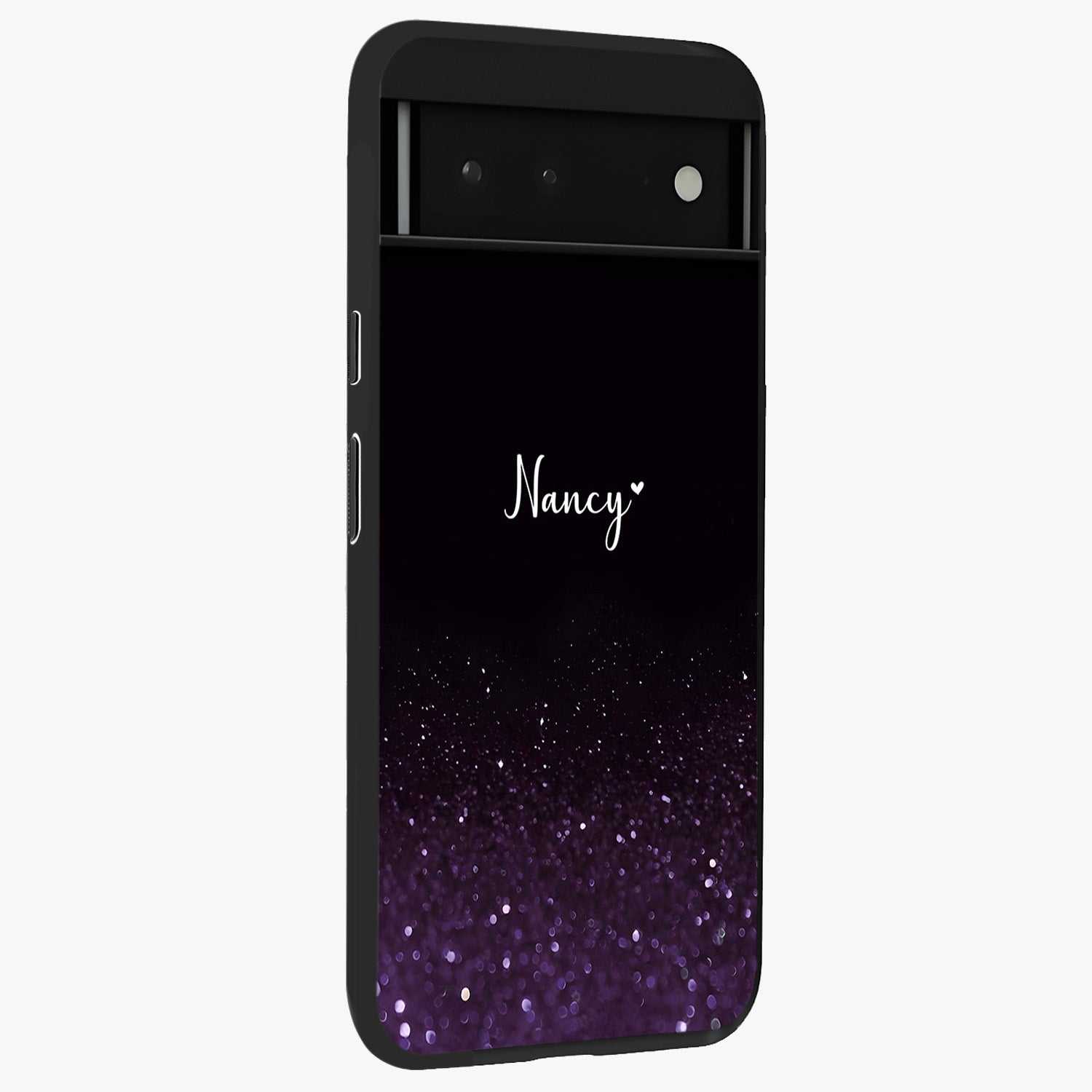 Glittery Purple Bokeh Custom Name Glass Case upright view showcasing vibrant purple sparkle artwork with personalized aesthetic style.