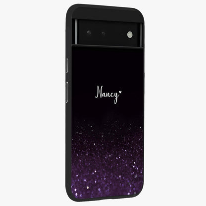 Glittery Purple Bokeh Custom Name Glass Case upright view showcasing vibrant purple sparkle artwork with personalized aesthetic style.