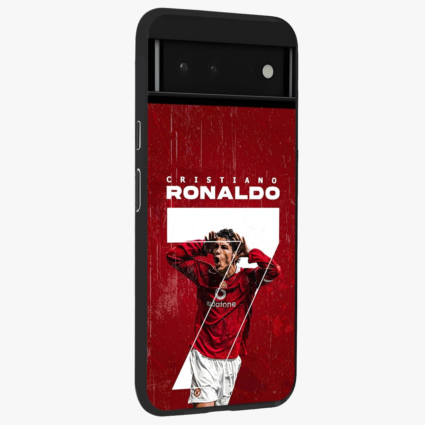 Goal Celebration Legacy Glass Case upright view showcasing dynamic football inspired artwork with victory celebration aesthetic.