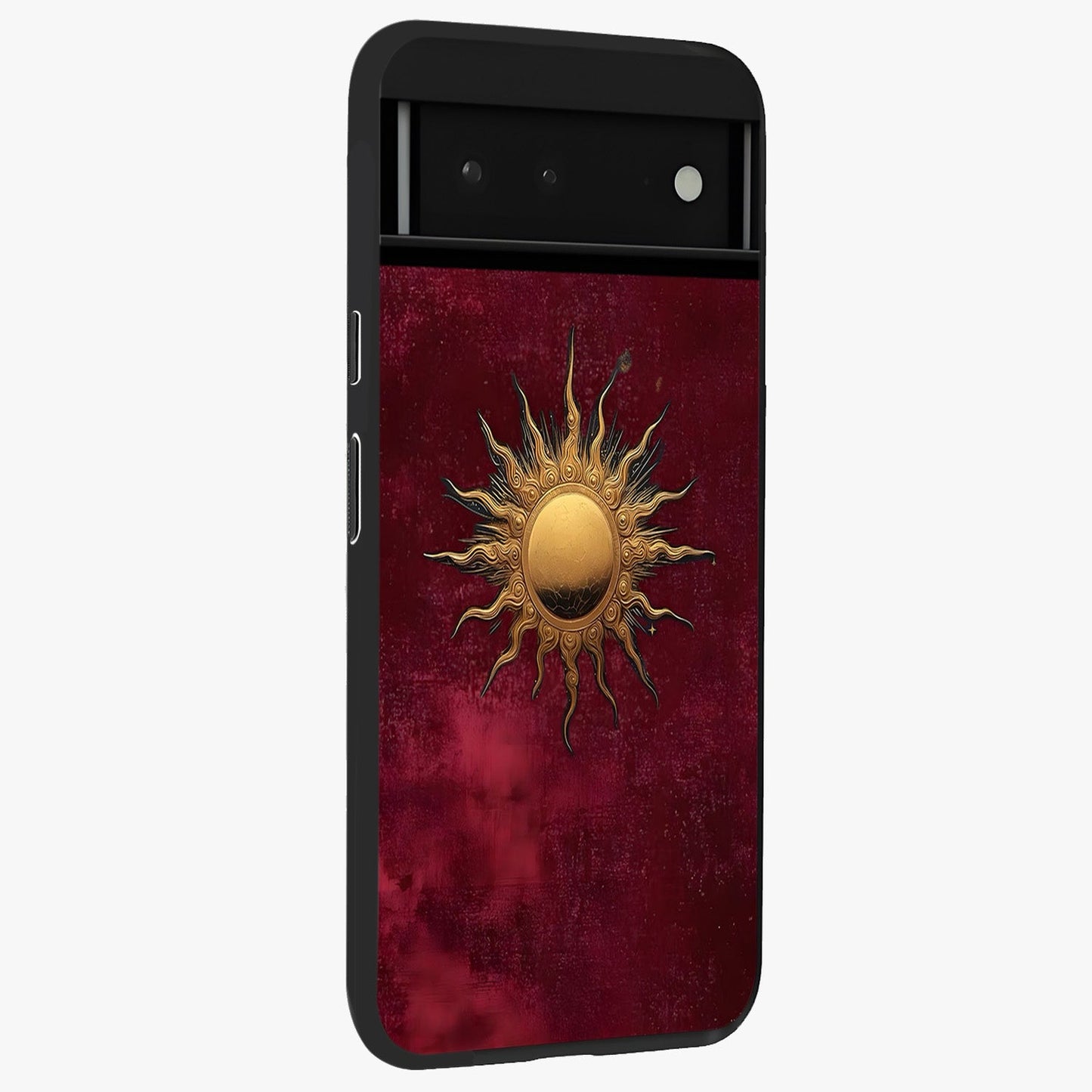 Golden Sun Minimalism Glass Case upright view showcasing simple golden sun artwork with elegant minimalist style.