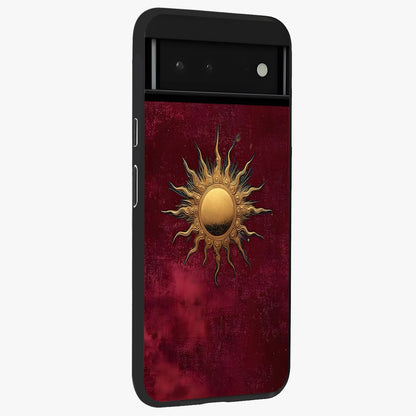 Golden Sun Minimalism Glass Case upright view showcasing simple golden sun artwork with elegant minimalist style.