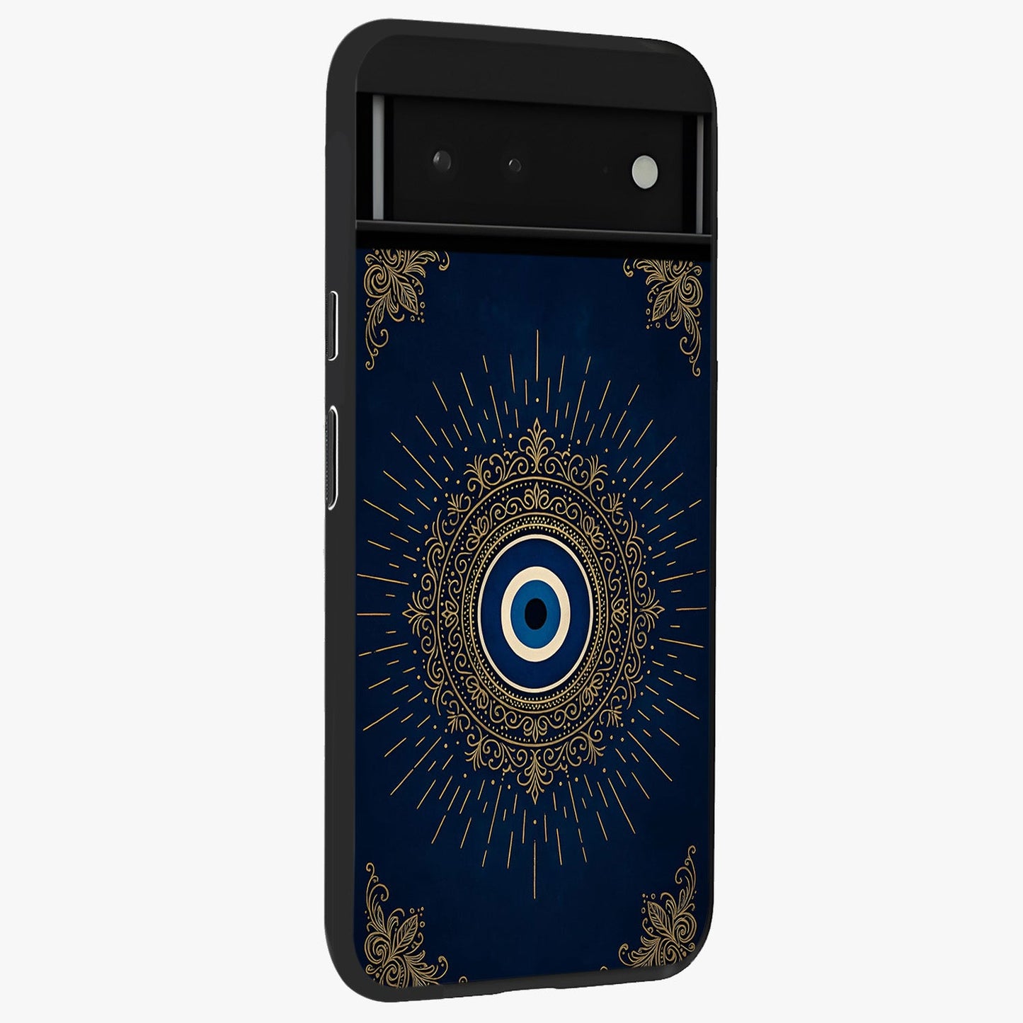 Golden Celestial Charm Glass Case upright view showcasing radiant celestial artwork with elegant golden theme.