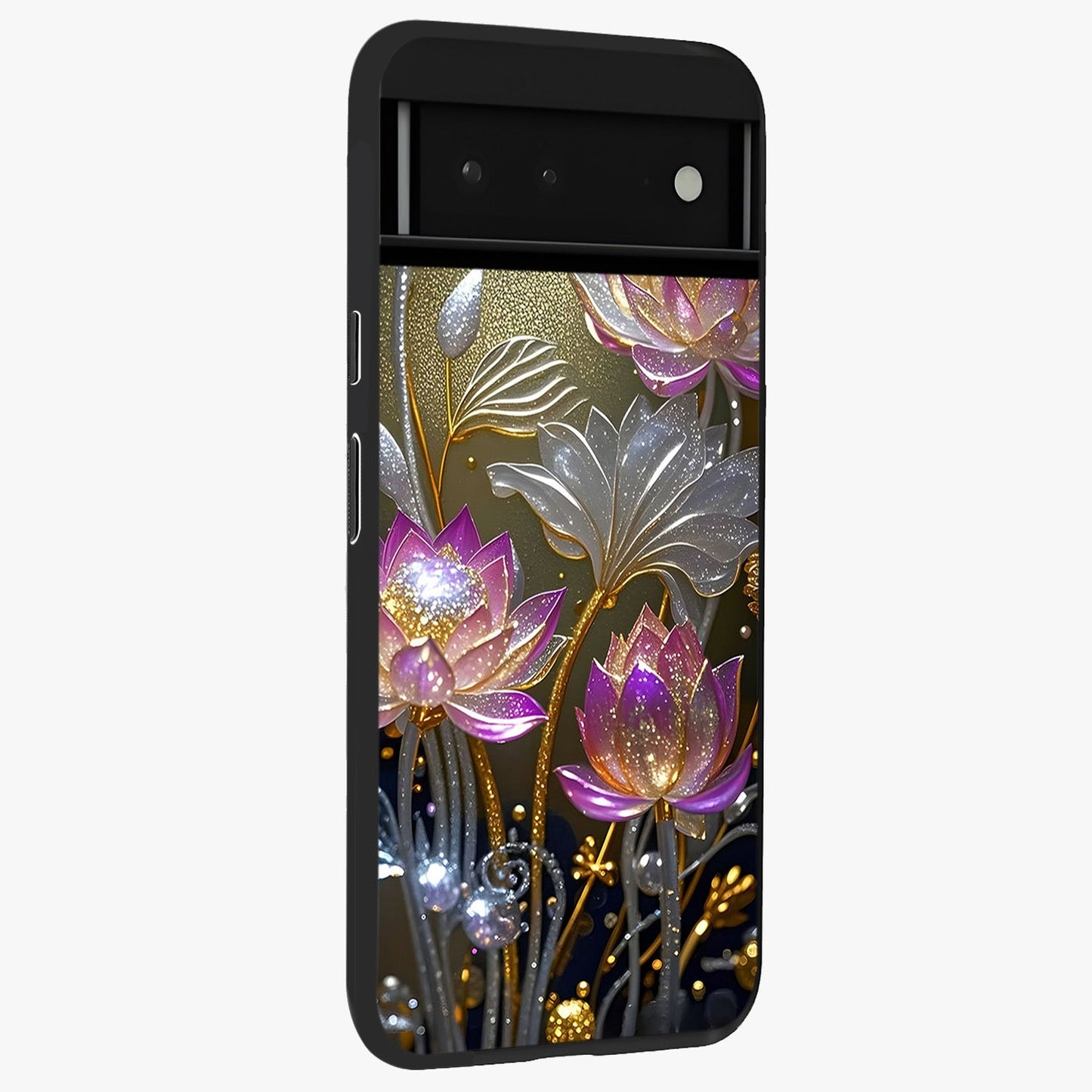 Golden Floral Majesty Glass Case upright view showcasing majestic floral artwork with rich decorative theme.