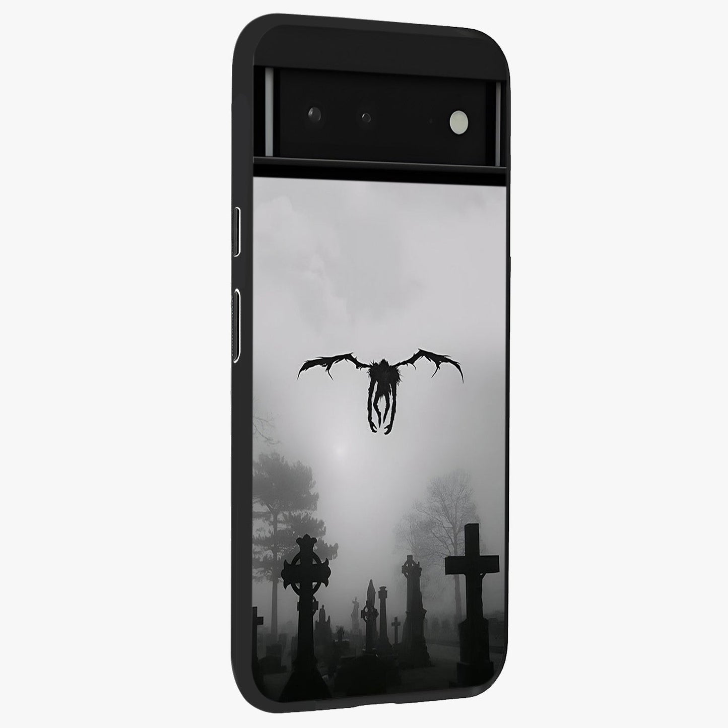 Graveyard Shadow Descent Glass Case upright view showcasing haunting graveyard artwork with dramatic dark theme.