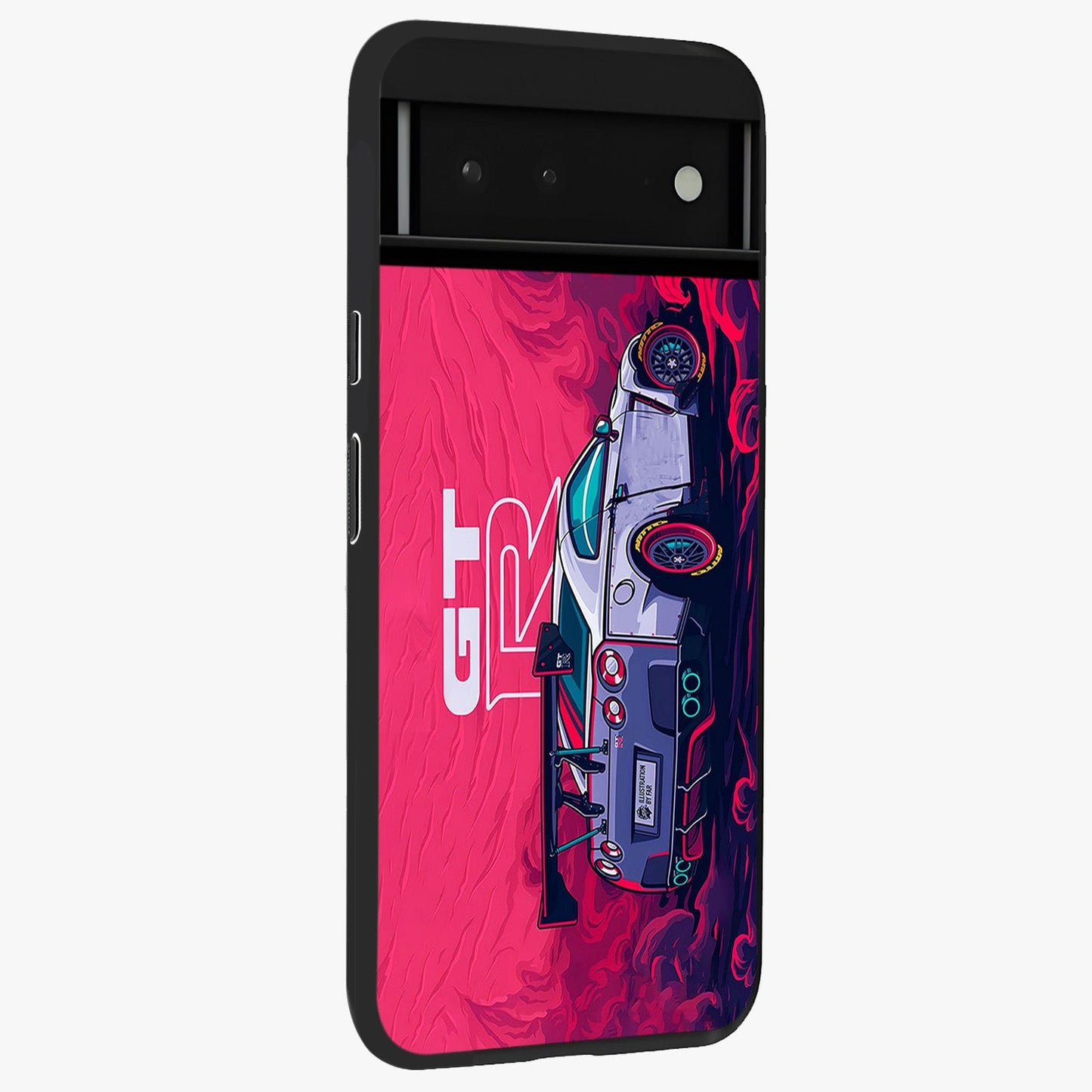 GT-R Car Pattern Glass Case upright view showcasing dynamic car pattern artwork with modern sports theme.