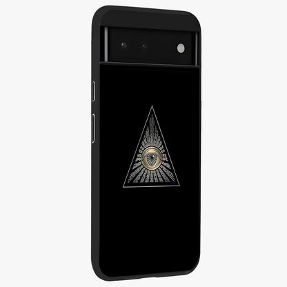 Illuminati Evil Glass Case upright view showcasing striking illuminati artwork with mysterious symbolic theme.