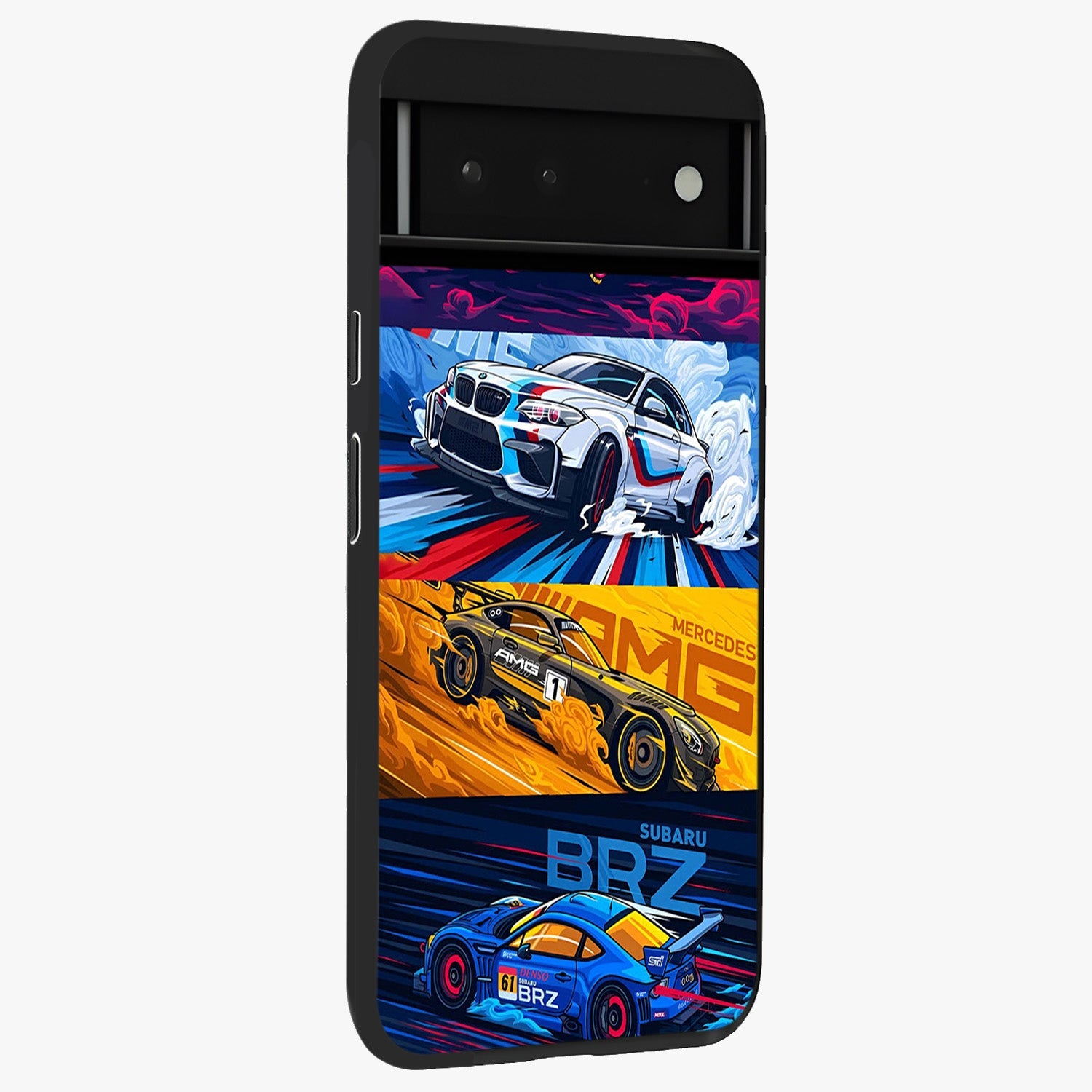 JDM Sports Car Glass Case upright view showcasing dynamic sports car artwork with bold racing theme.