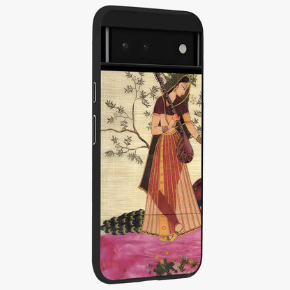 Lady With Veena Art Glass Case upright view showcasing classical veena artwork with traditional artistic theme.