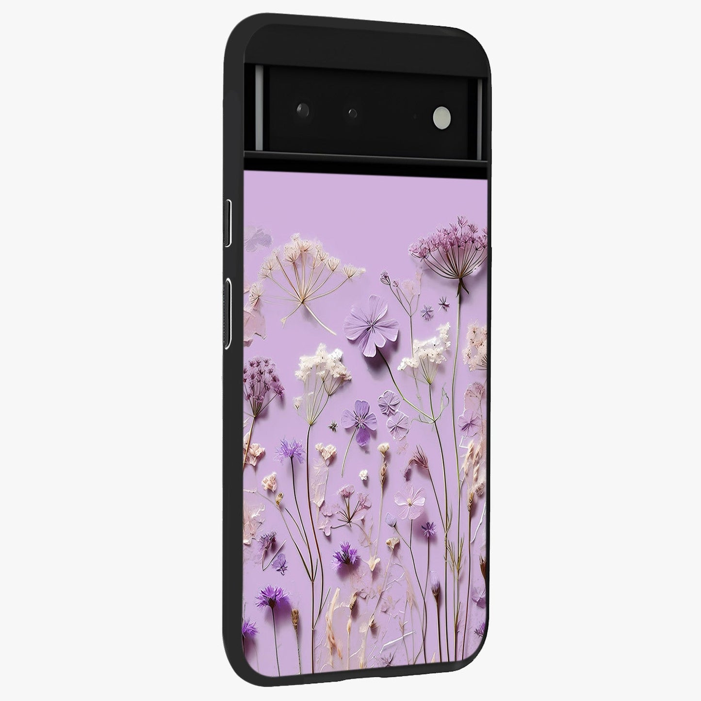 Lavender Blossom Dream Glass Case upright view showcasing delicate lavender blossom artwork with peaceful floral theme.