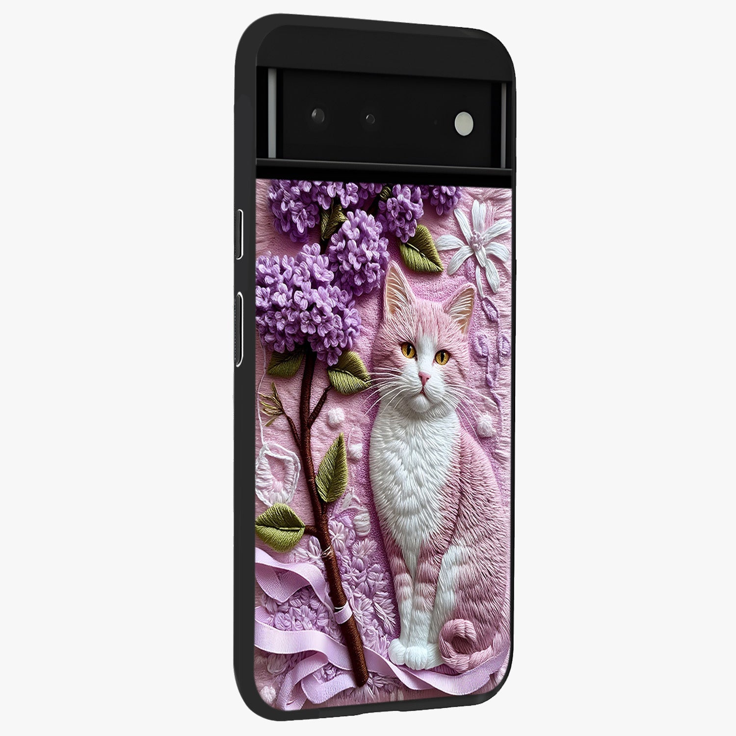 Lavender Cat Whimsy Glass Case upright view showcasing charming cat artwork with whimsical lavender theme.