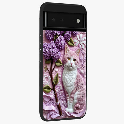 Lavender Cat Whimsy Glass Case upright view showcasing charming cat artwork with whimsical lavender theme.