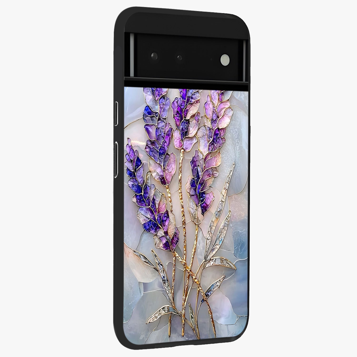 Lavender Dream Glow Glass Case upright view showcasing radiant lavender glow artwork with calming dreamy theme.