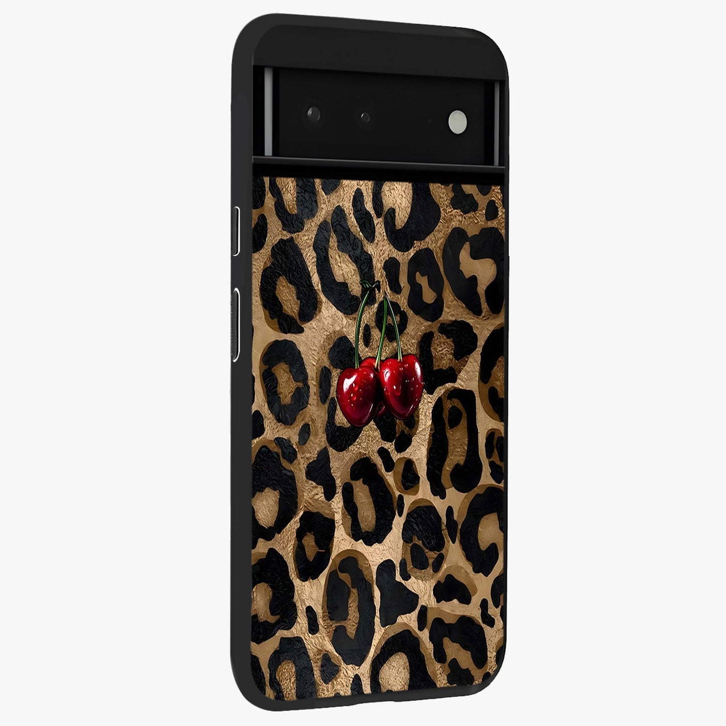 Leopard Wild Cherry Glass Case upright view showcasing stylish leopard pattern artwork with trendy fashion theme.