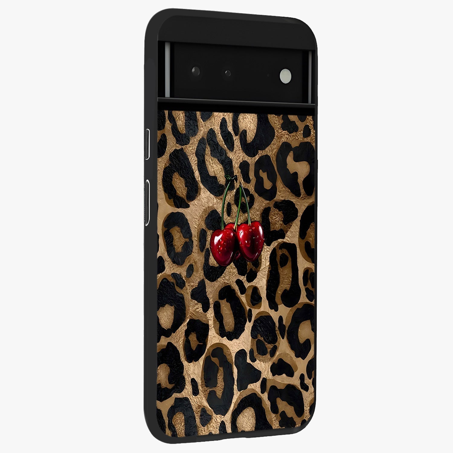Leopard Wild Cherry Glass Case upright view showcasing stylish leopard pattern artwork with trendy fashion theme.