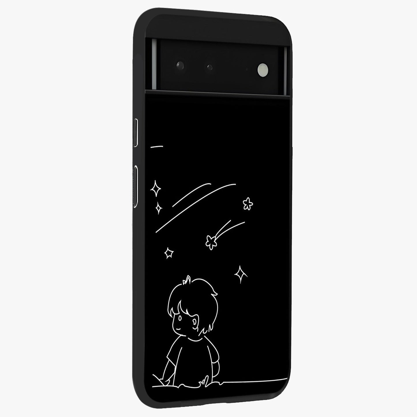 Line Art Boy With Shooting Stars Glass Case upright view showcasing artistic shooting star illustration with minimal style.