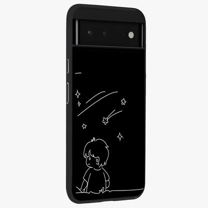 Line Art Boy With Shooting Stars Glass Case upright view showcasing artistic shooting star illustration with minimal style.