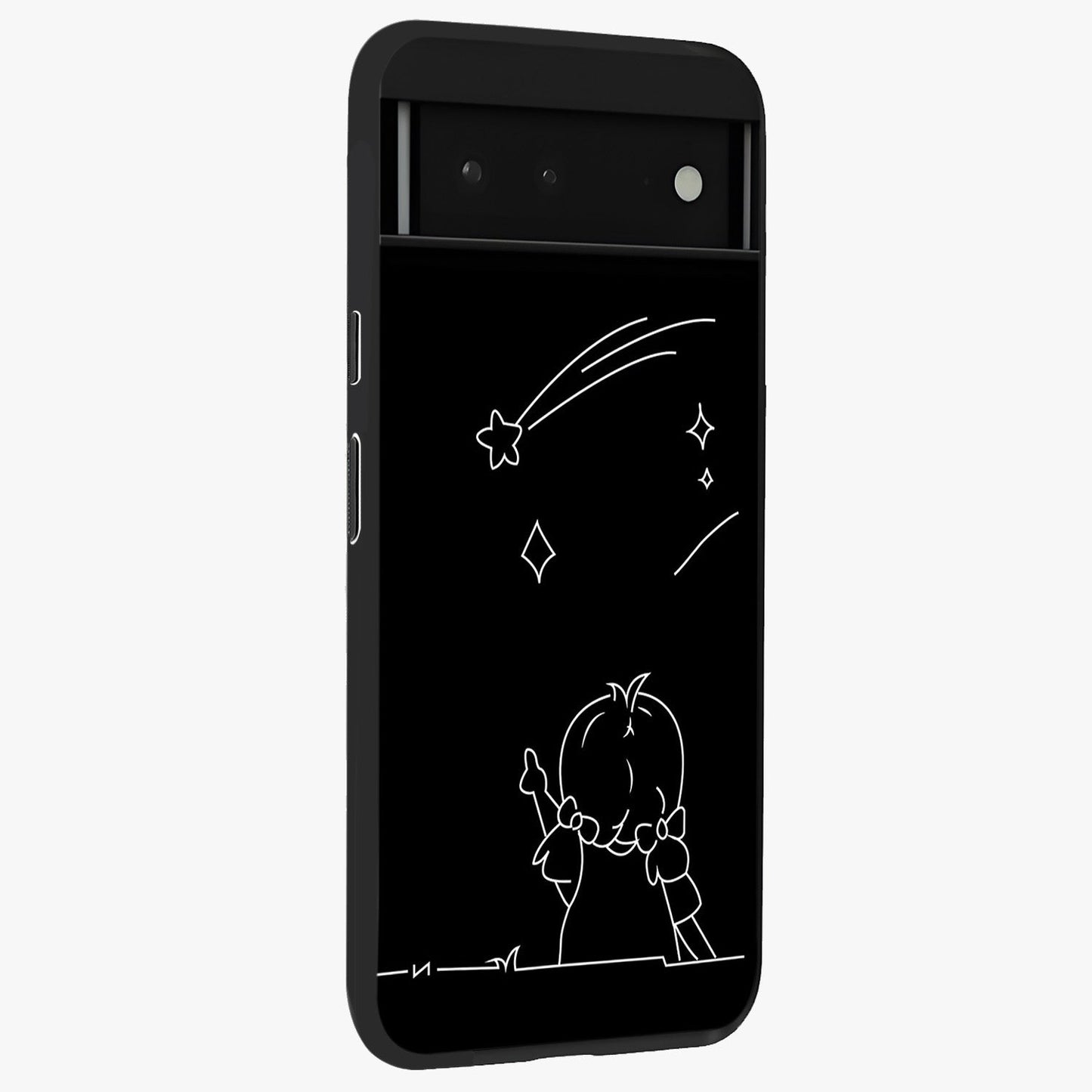 Line Art Girl With Shooting Stars Glass Case upright view showcasing delicate shooting stars artwork with minimal artistic theme.