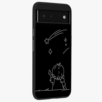 Line Art Girl With Shooting Stars Glass Case upright view showcasing delicate shooting stars artwork with minimal artistic theme.