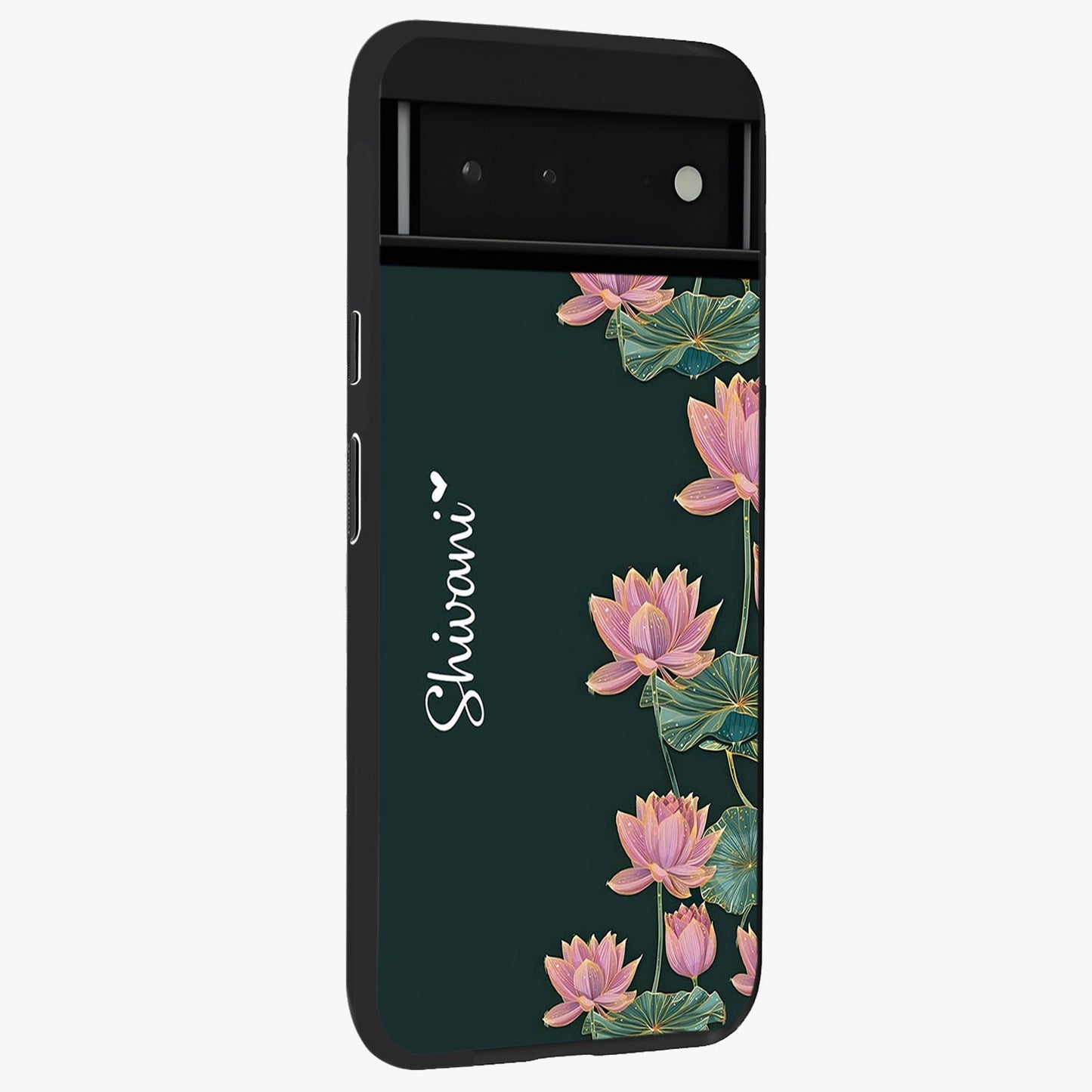 Lotus Bloom Serenity Custom Name Glass Case upright view showcasing serene lotus bloom artwork with personalized floral aesthetic.