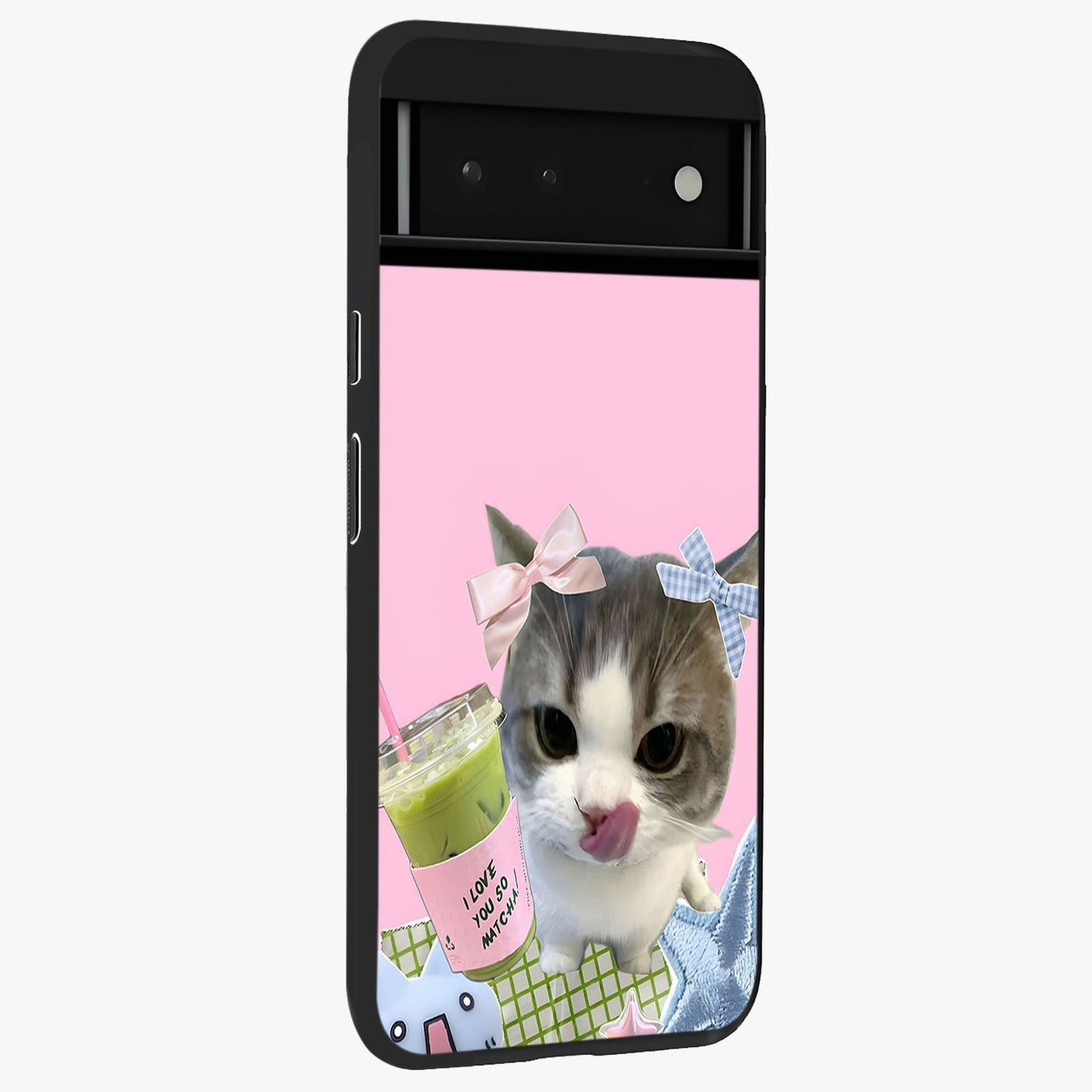 Love Matcha Cat Glass Case upright view showcasing adorable cat artwork with charming matcha themed design.