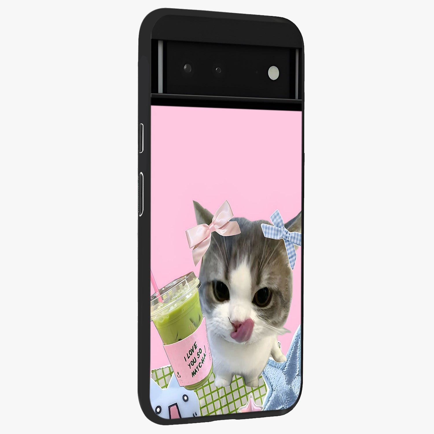 Love Matcha Cat Glass Case upright view showcasing adorable cat artwork with charming matcha themed design.