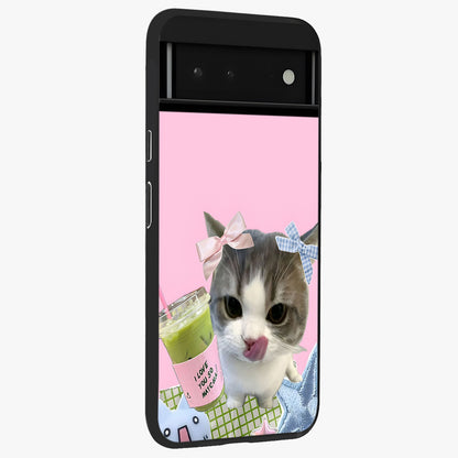 Love Matcha Cat Glass Case upright view showcasing adorable cat artwork with charming matcha themed design.