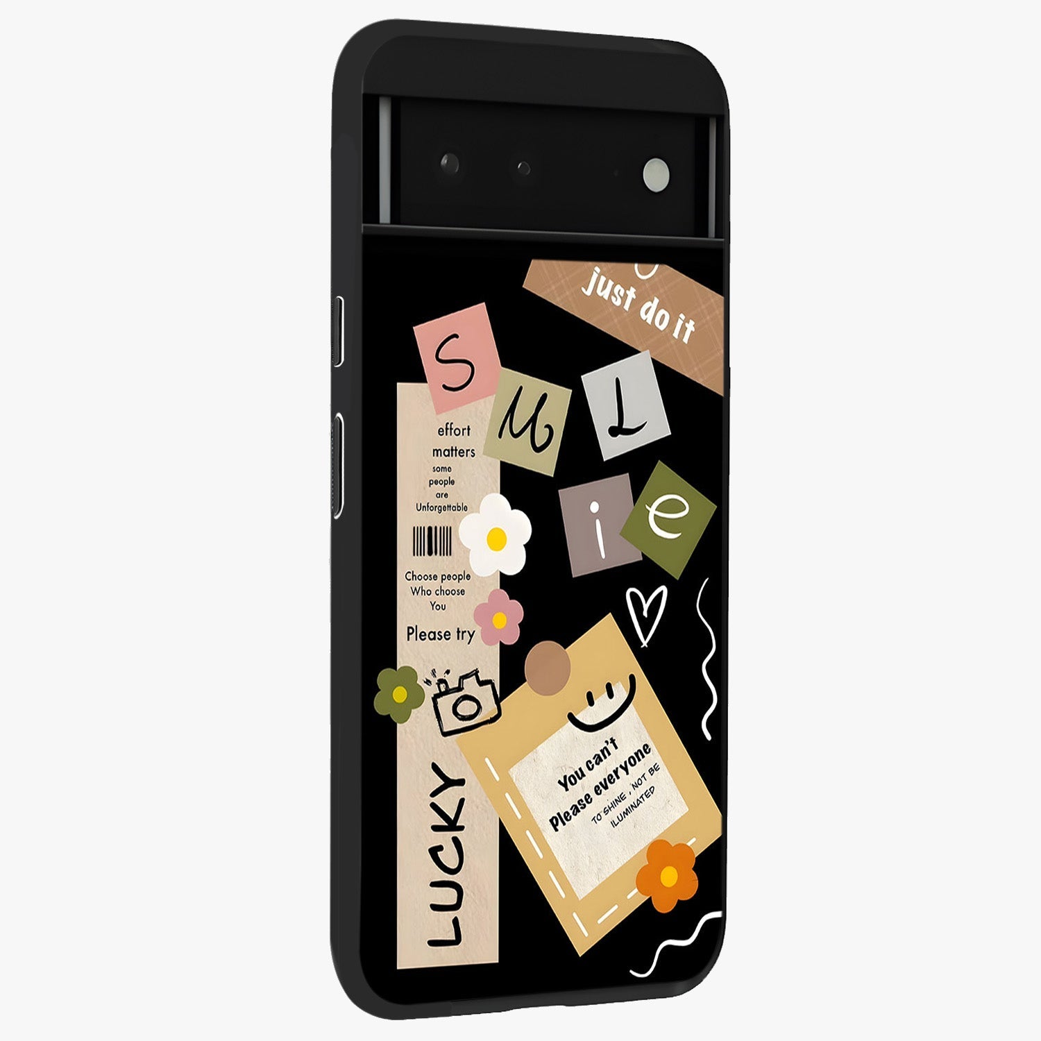 Lucky Aesthetic Collage Glass Case upright view showcasing vibrant collage artwork with youthful aesthetic theme.