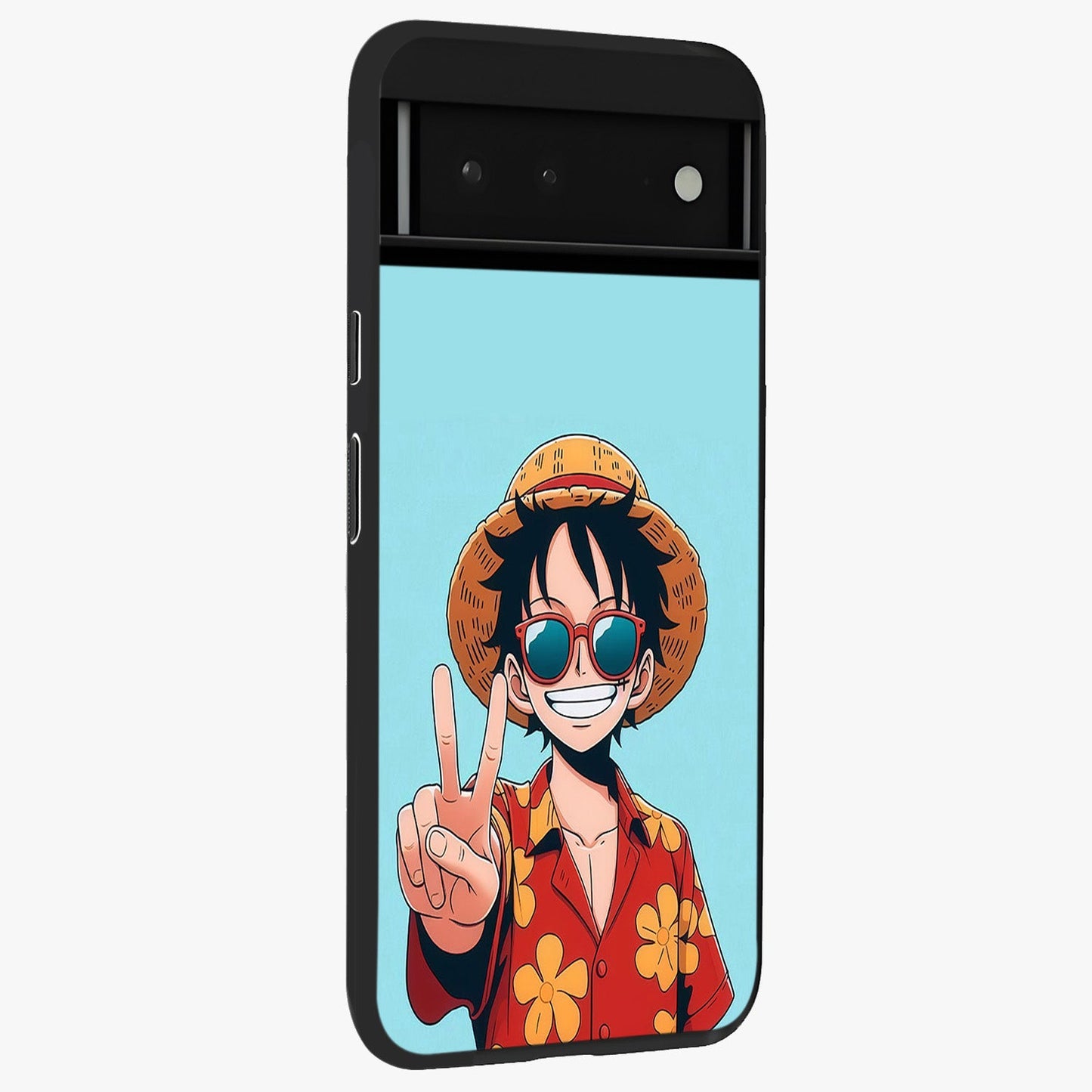 Luffy Summer Anime Vibe Glass Case upright view showcasing dynamic anime artwork with bright adventurous theme.