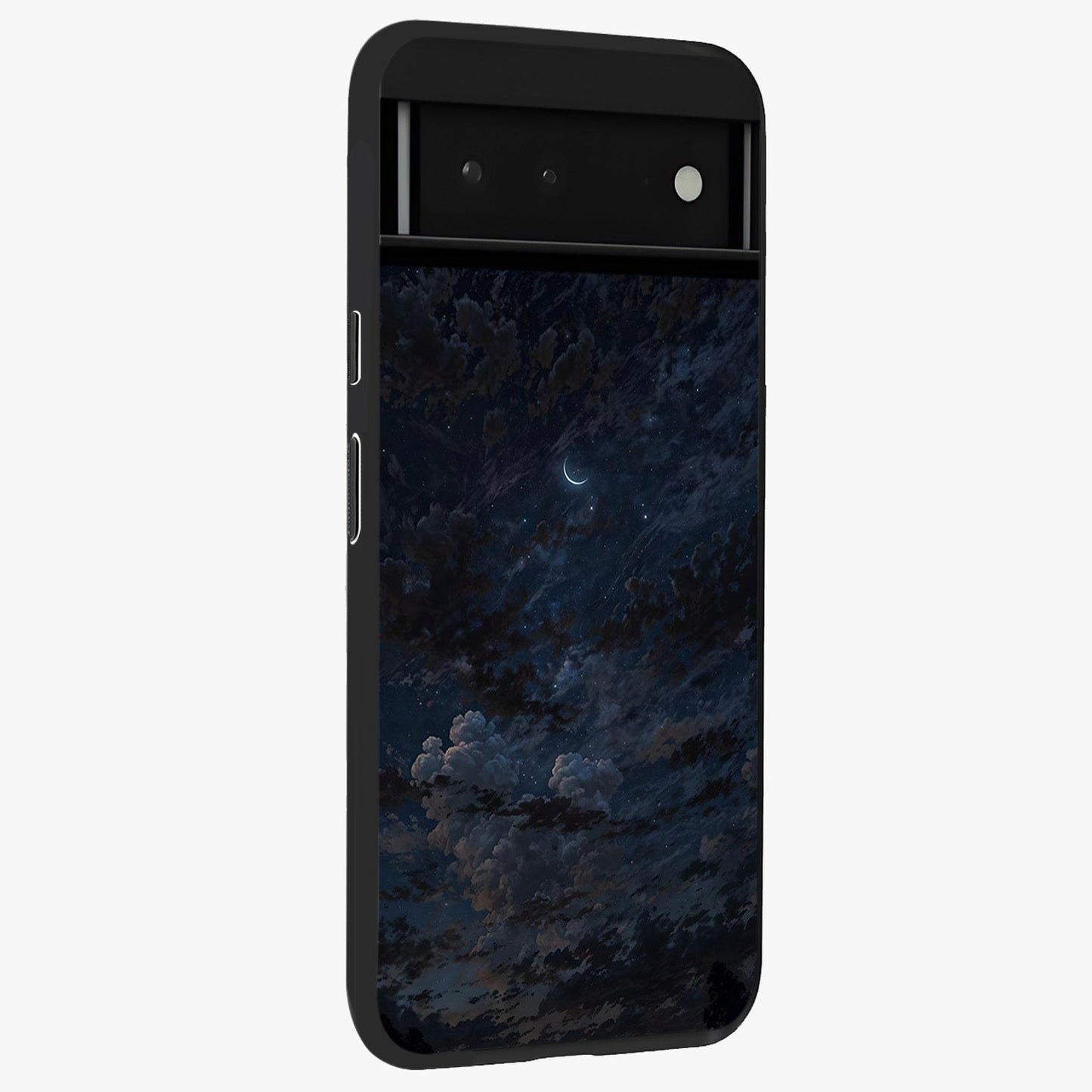 Lunar Veil Silence Glass Case upright view showcasing calm moon themed artwork with serene night atmosphere.