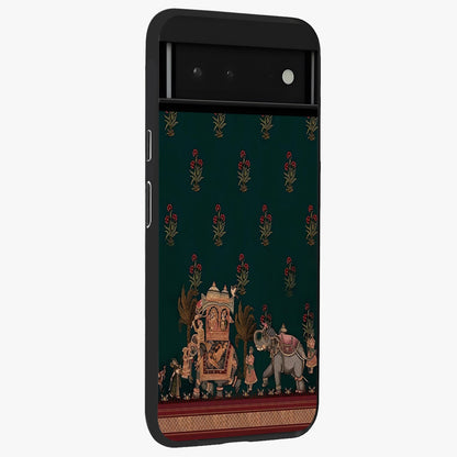 Macmerise Glass Case upright view showcasing bold artistic artwork with contemporary design theme.