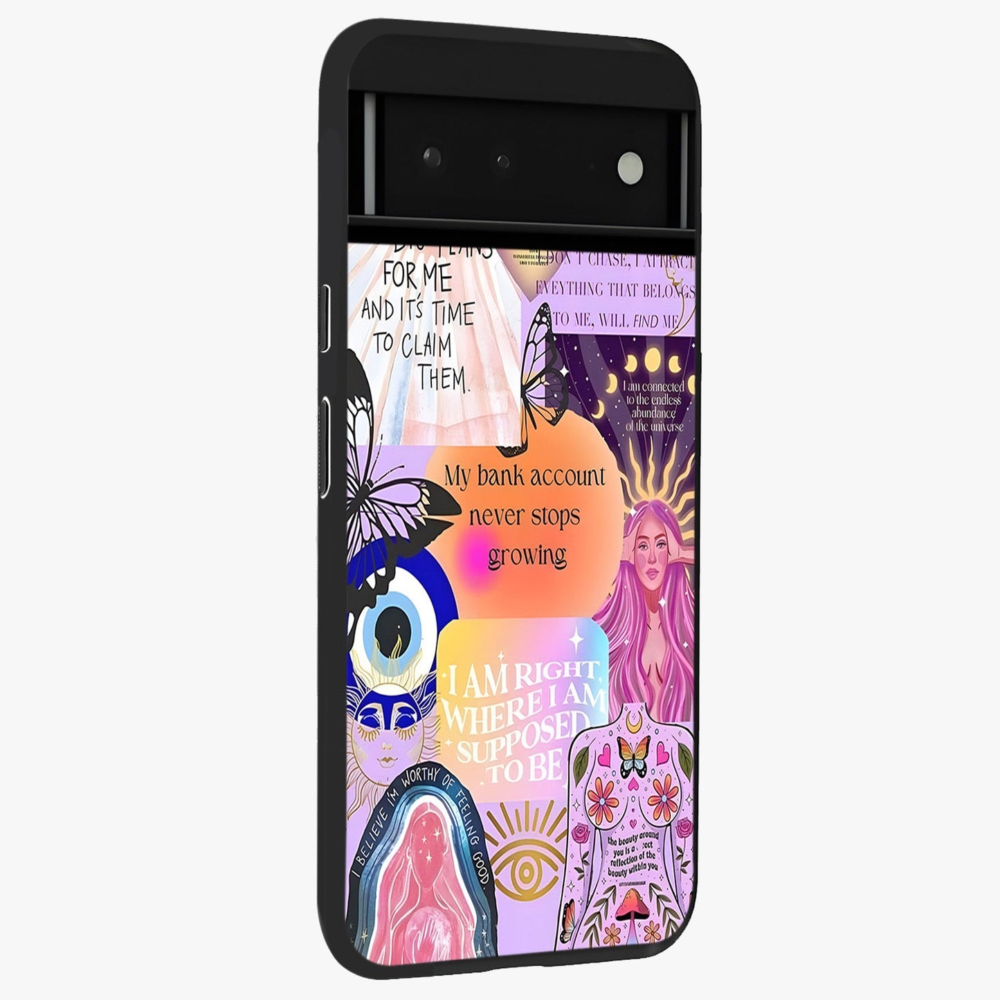 Manifestation Collage Glass Case upright view showcasing artistic manifestation themed artwork with creative style.