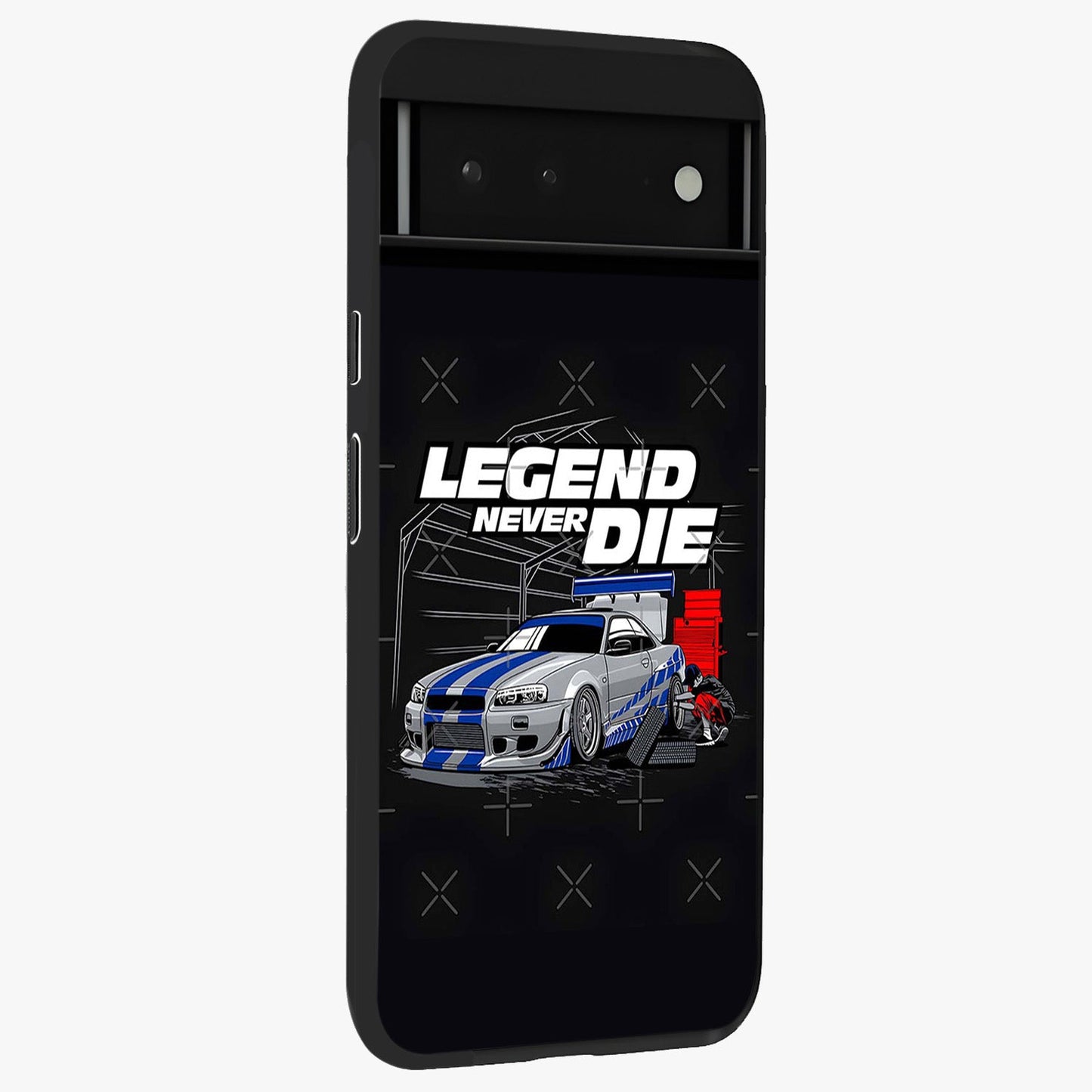 Midnight Racing Legacy Glass Case upright view showcasing powerful racing artwork with modern sports theme.