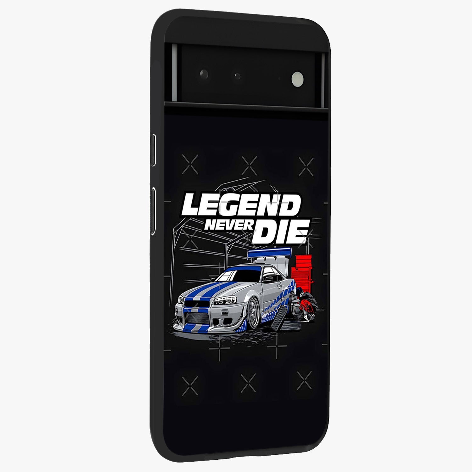 Midnight Racing Legacy Glass Case upright view showcasing powerful racing artwork with modern sports theme.