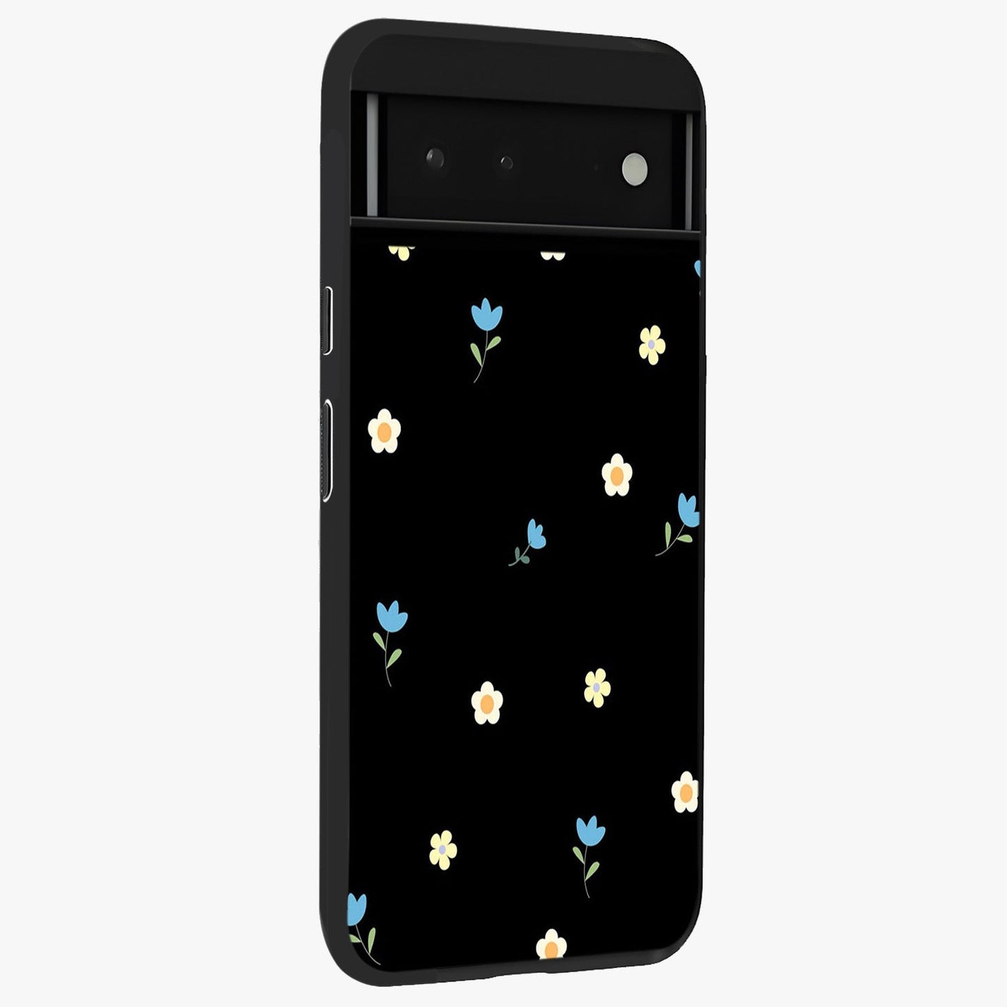 Minimal Petal Whispers Glass Case upright view showcasing elegant floral artwork with modern minimalist style.