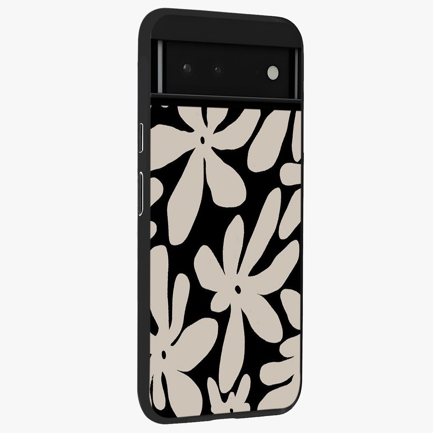 Monochrome Petal Dance Glass Case upright view showcasing artistic floral pattern with stylish monochrome theme.