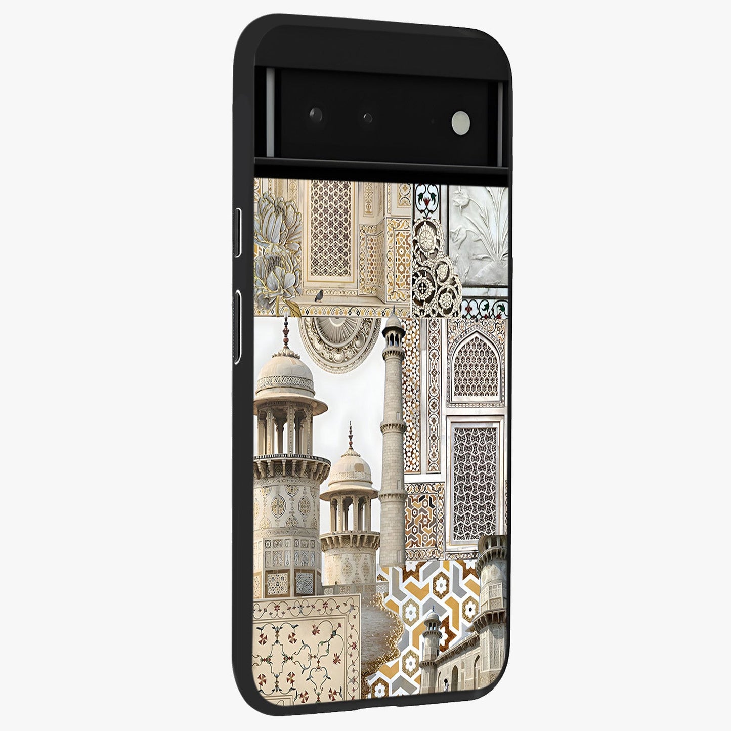 Mughal Marble Legacy Glass Case upright view showcasing ornate Mughal design with luxurious traditional theme.