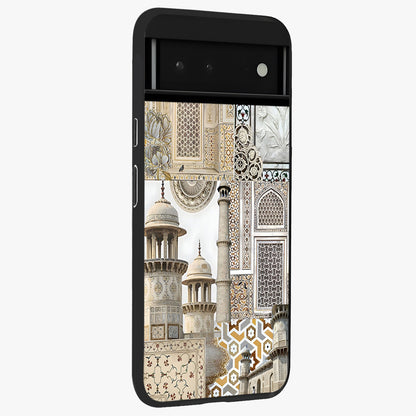 Mughal Marble Legacy Glass Case upright view showcasing ornate Mughal design with luxurious traditional theme.