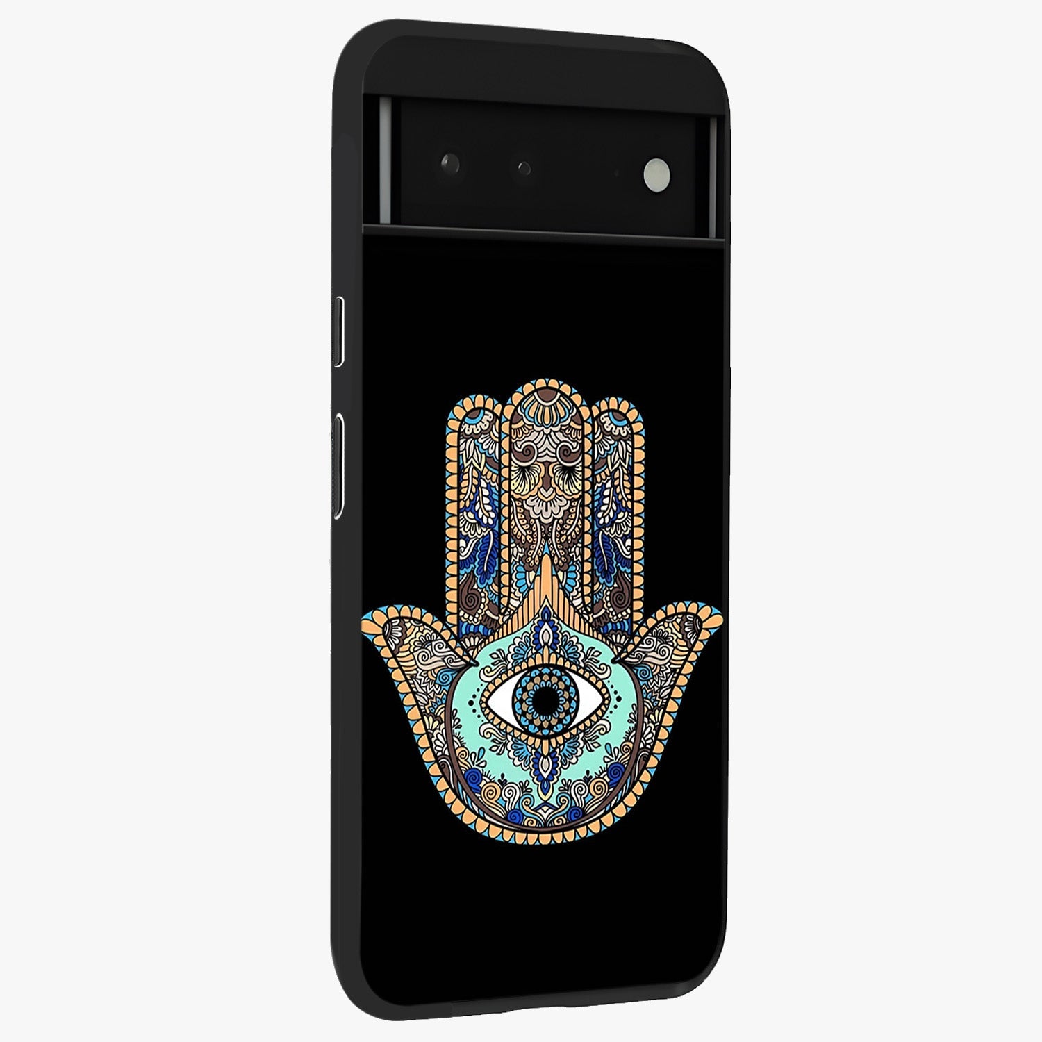 Mystic Hamsa Eye Glass Case upright view showcasing detailed hamsa eye artwork with protective spiritual theme.