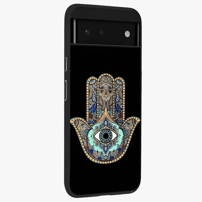 Mystic Hamsa Eye Glass Case upright view showcasing detailed hamsa eye artwork with protective spiritual theme.