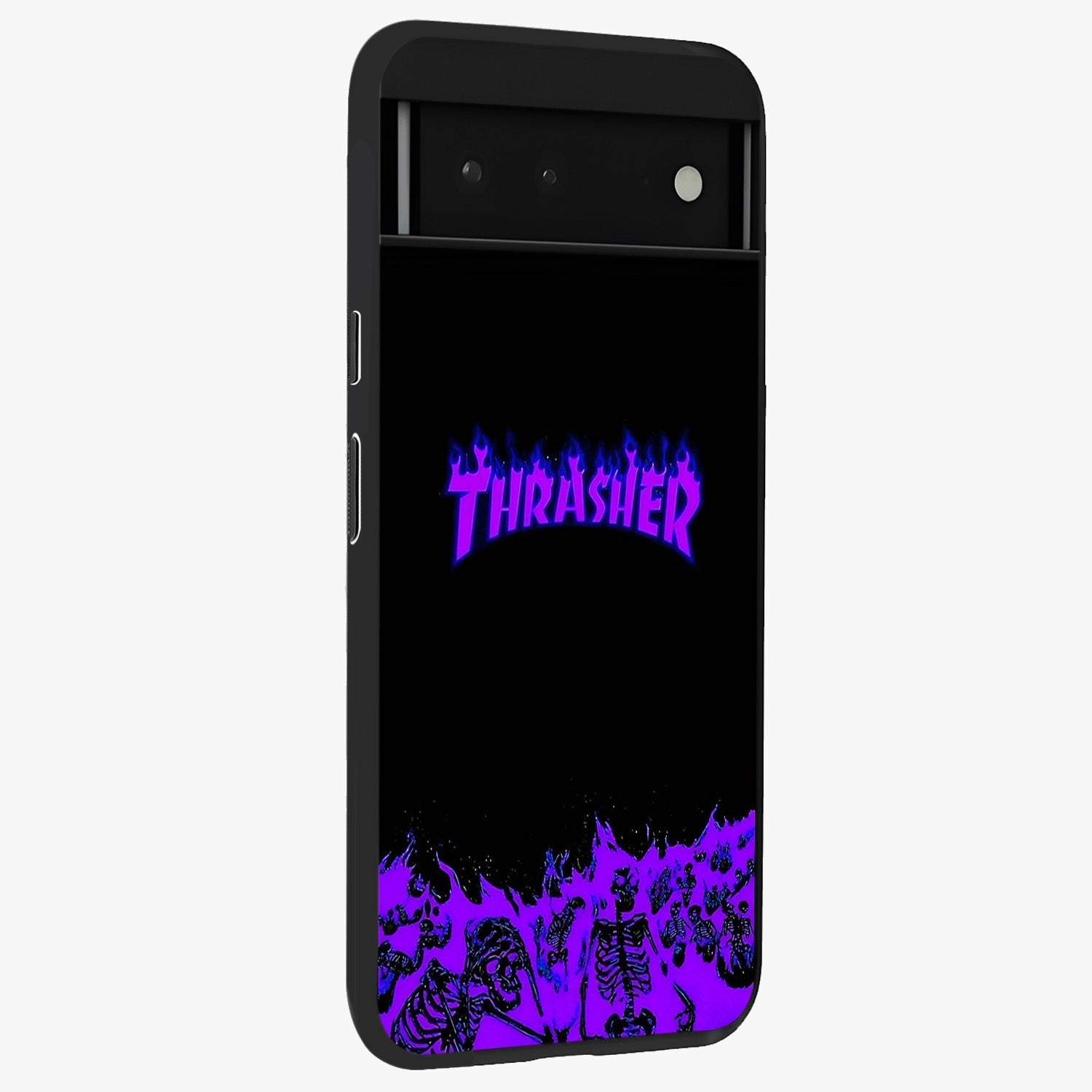 Neon Flame Riot Glass Case upright view showcasing dynamic flame artwork with energetic neon theme.
