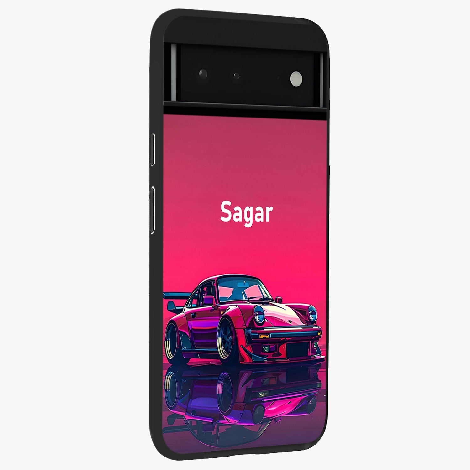 Neon Pink Porsche Glass Case upright view showcasing vibrant sports car artwork with bold automotive theme.